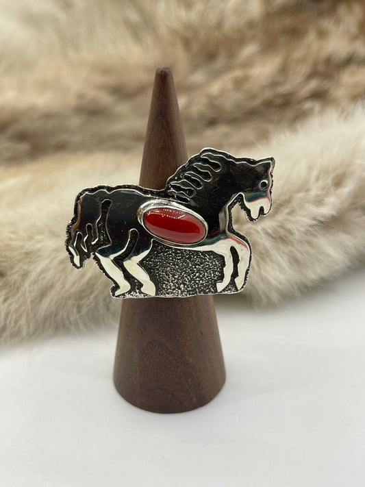 7.0 Red Coral Horse Ring by Marie Jackson, Navajo