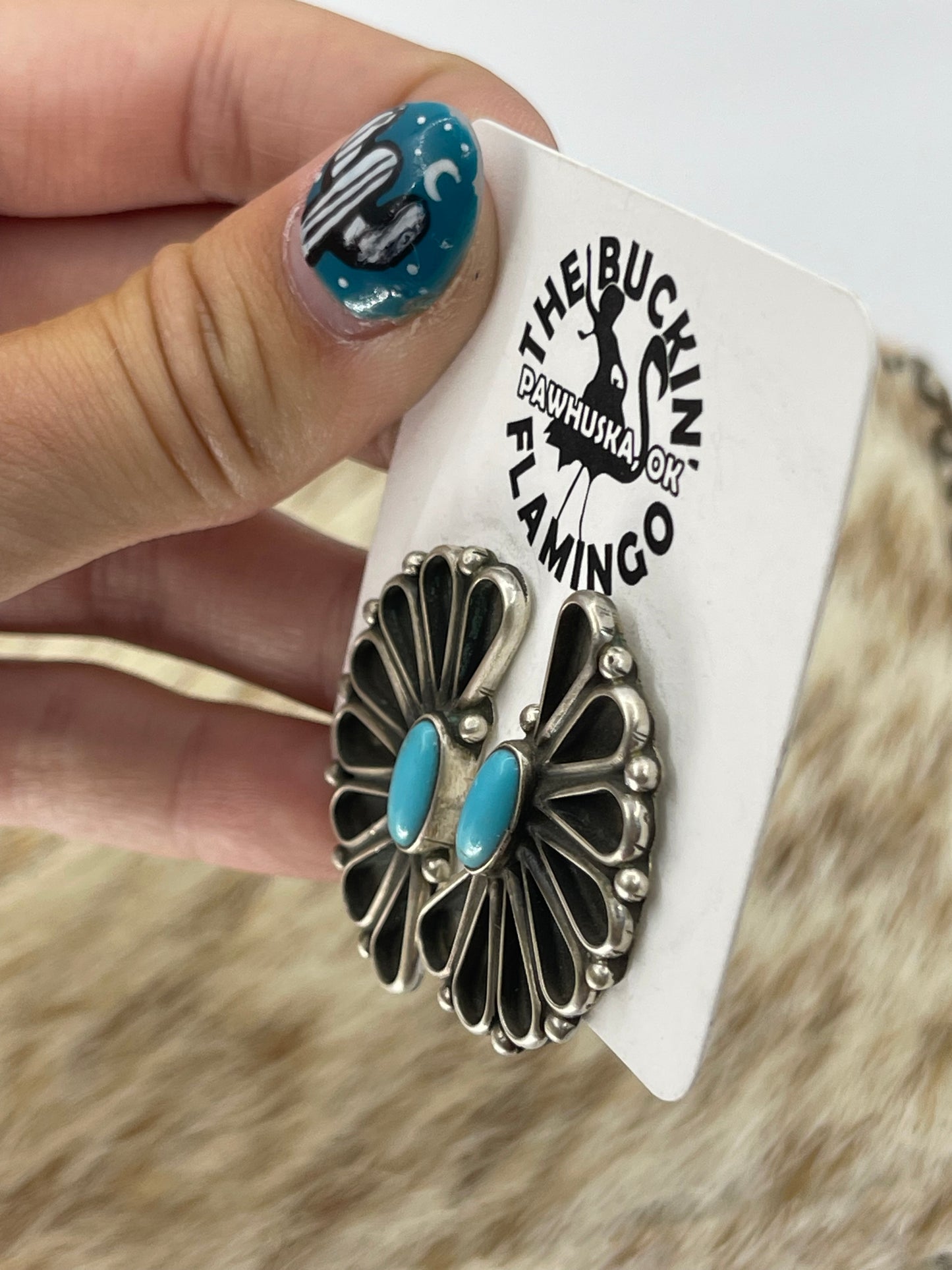 Kingman Turquoise Half "Fan" Post Earrings by Geraldine James, Navajos