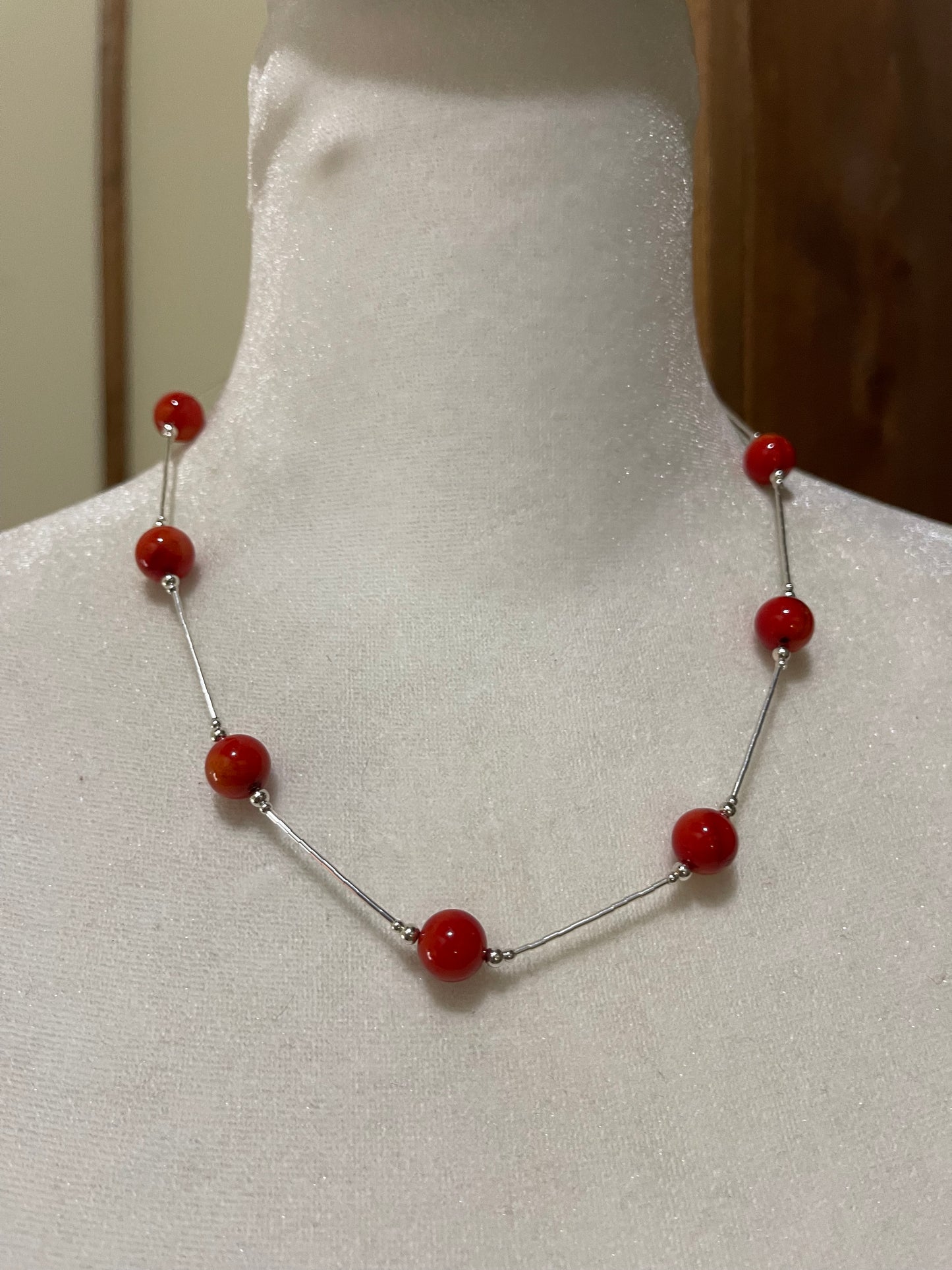 18" 10mm Apple Coral Beaded Necklace on Liquid Silver, Navajo
