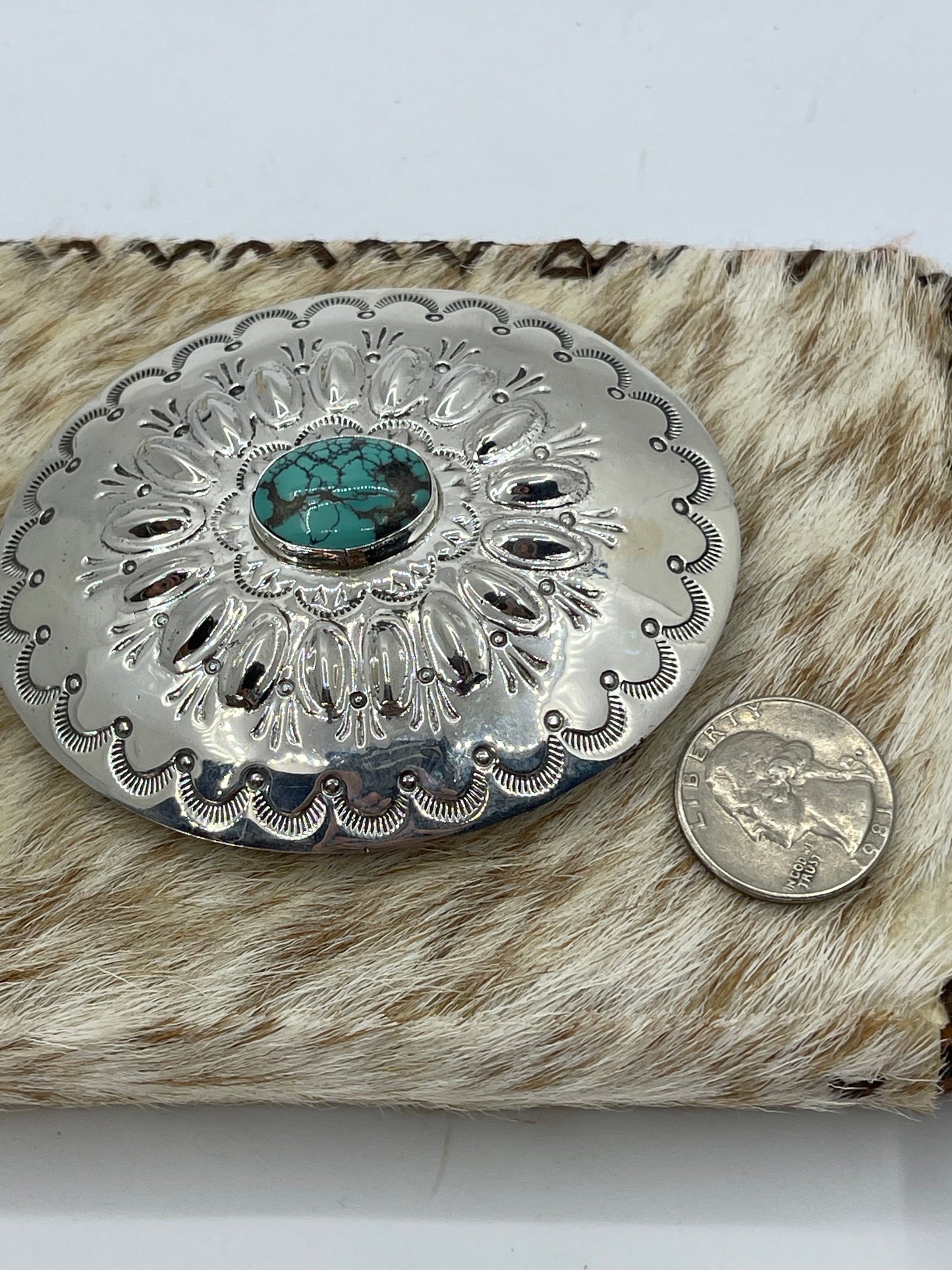 3 1/2"x3" Stamped Silber Buckle with Turquoise Stone by NB, Navajo