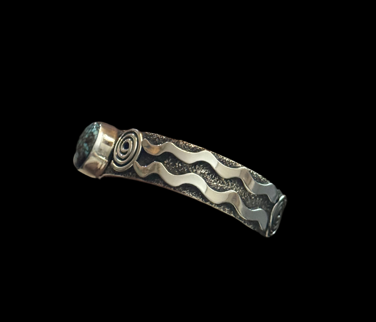 Petroglyph Cuff with Blue Kingman Web Turquoise by Alex Sanchez, Navajo (narrow) (Copy)