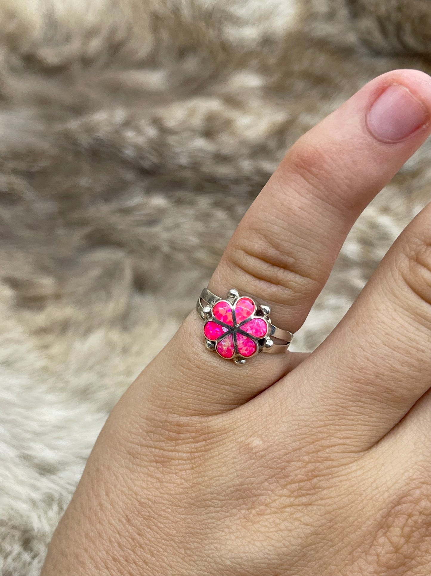 5.0 Hot Pink Opal Ring by Bernadette Hattie, Zuni