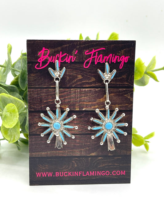 Zuni Needlepoint Turquoise with Star Blossom Dangle Earrings by Rena Cachini, Zuni