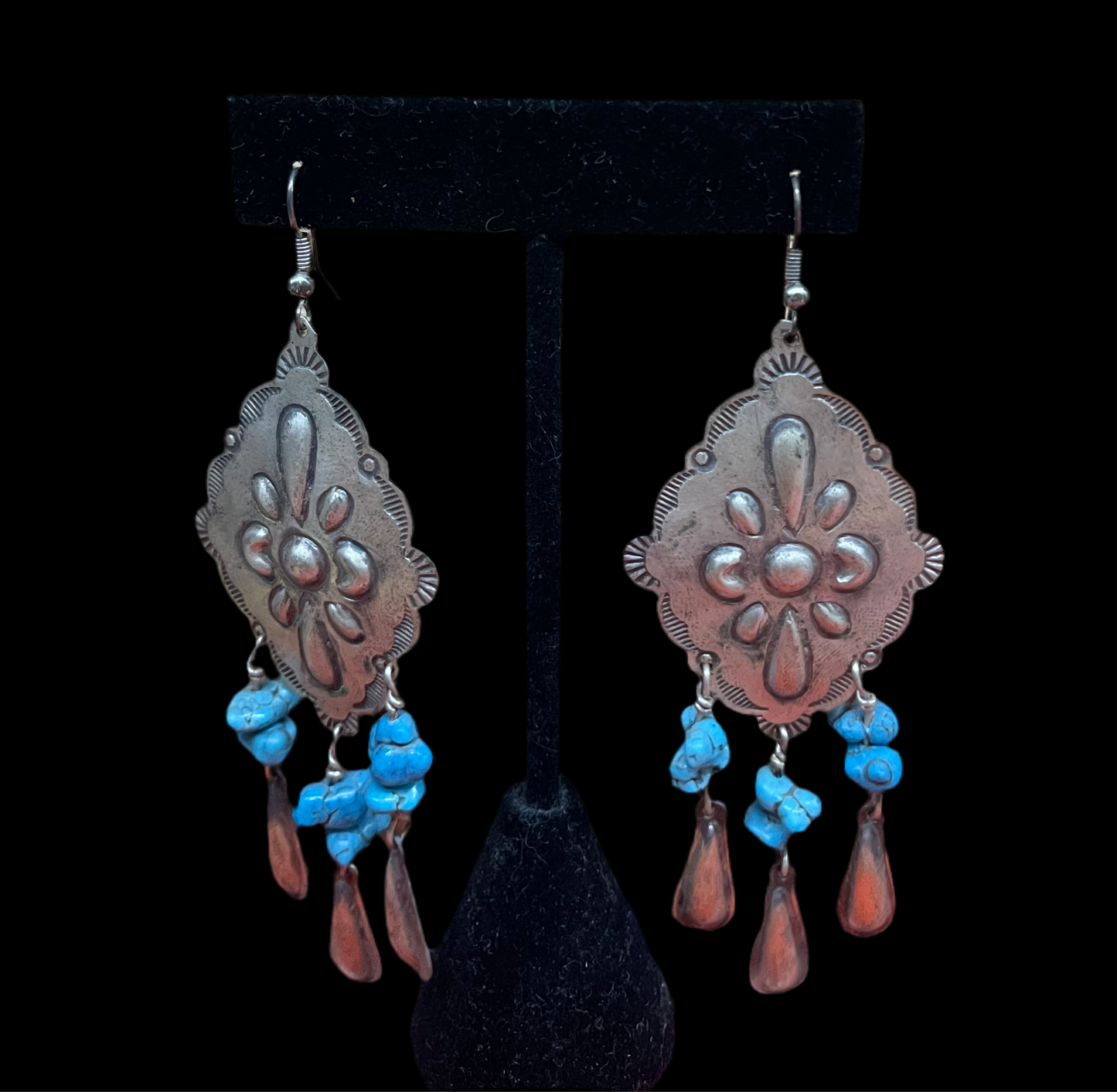 Kingman Turquoise Nugget Stamped Concho Dangle Earrings