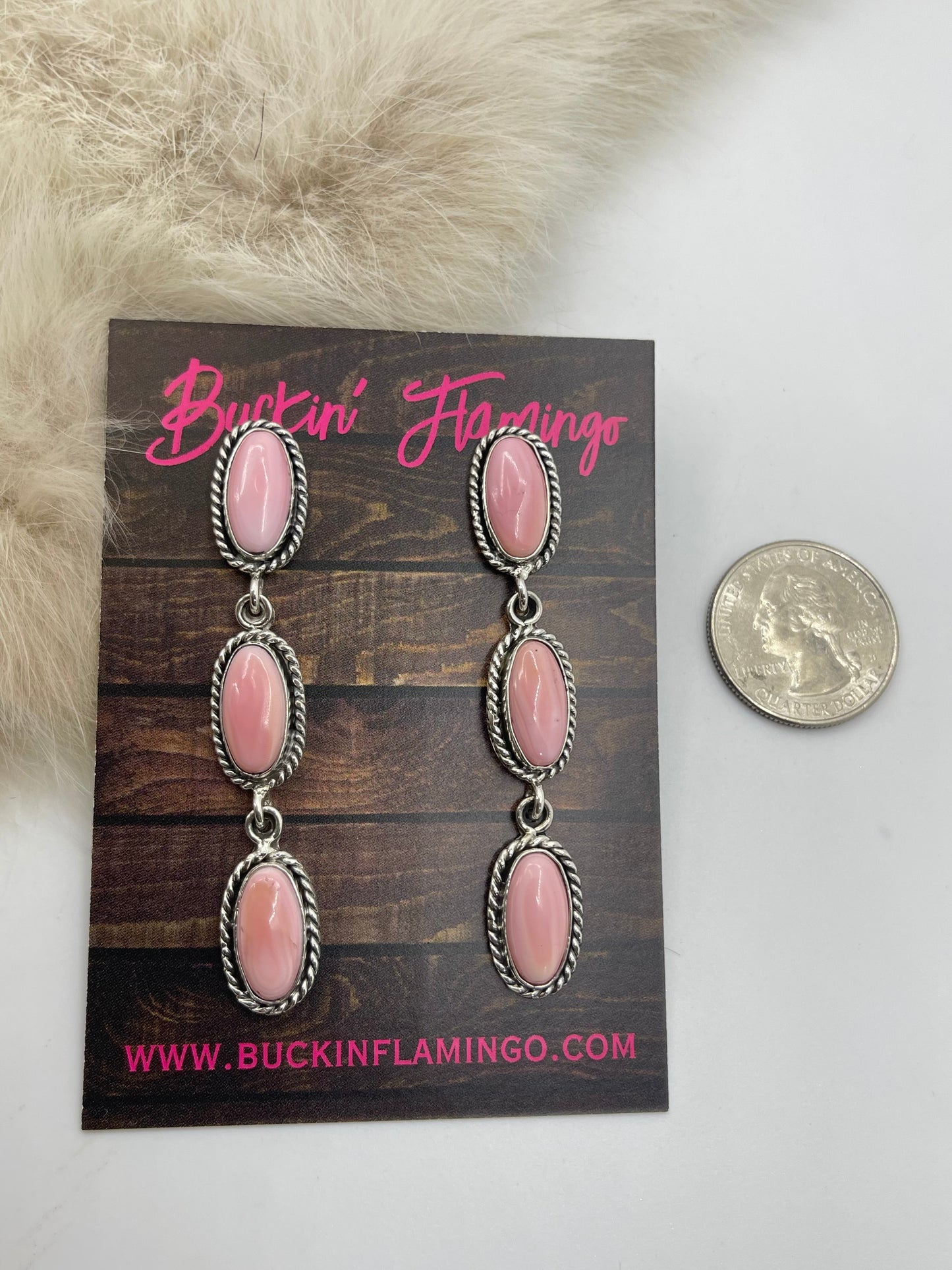 3 Stone Drop Dangles Pink Conch Shell Earrings