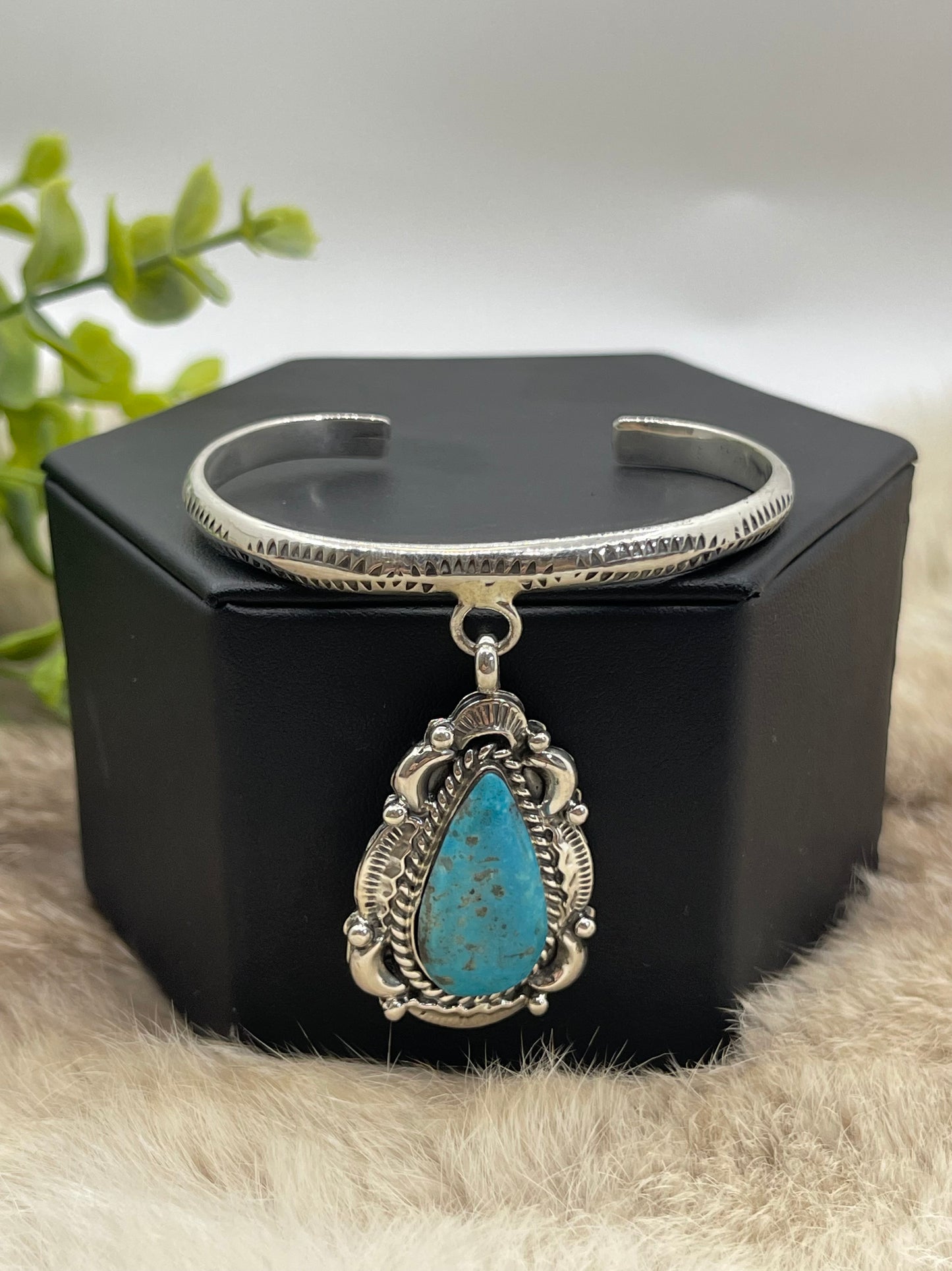 5.5"-7" Silver Cuff With Dangle Turquoise By Dorthy Lee, Navajo