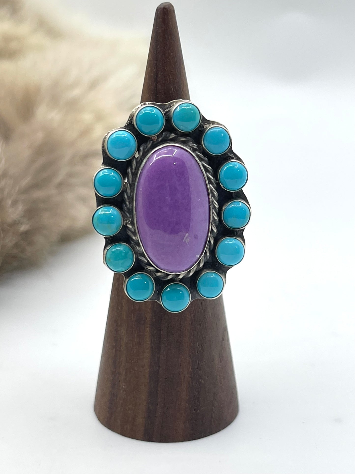 6.5 Turquoise & Purple Desert Cluster Ring by J. Piaso Jr., Navajo