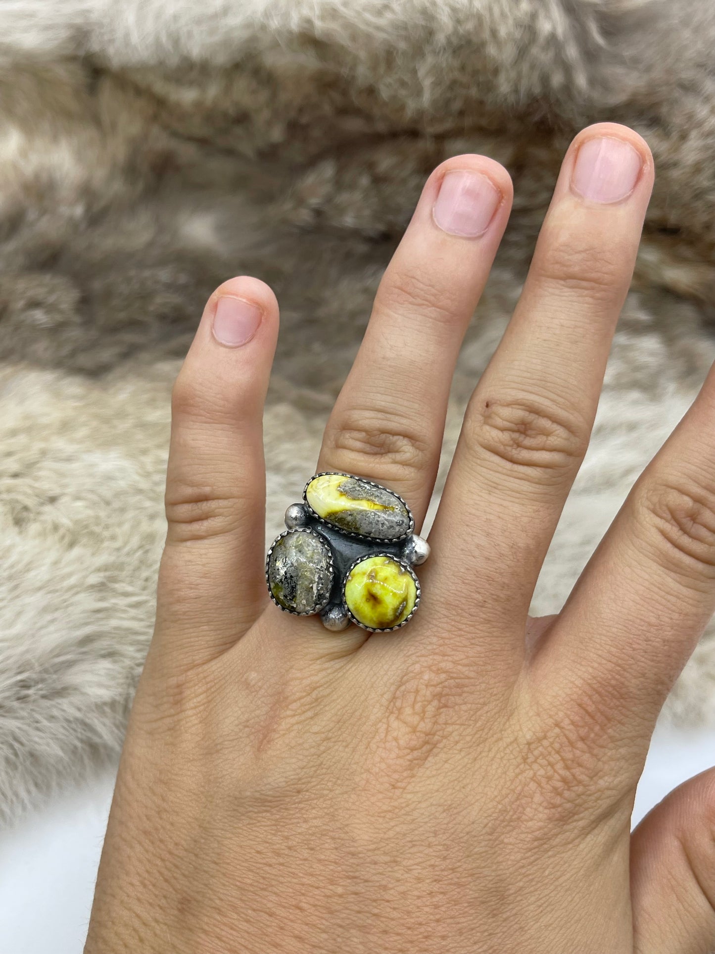 7.5 3 Stone Palomino Turquoise Ring by Phil Nez, Navajo