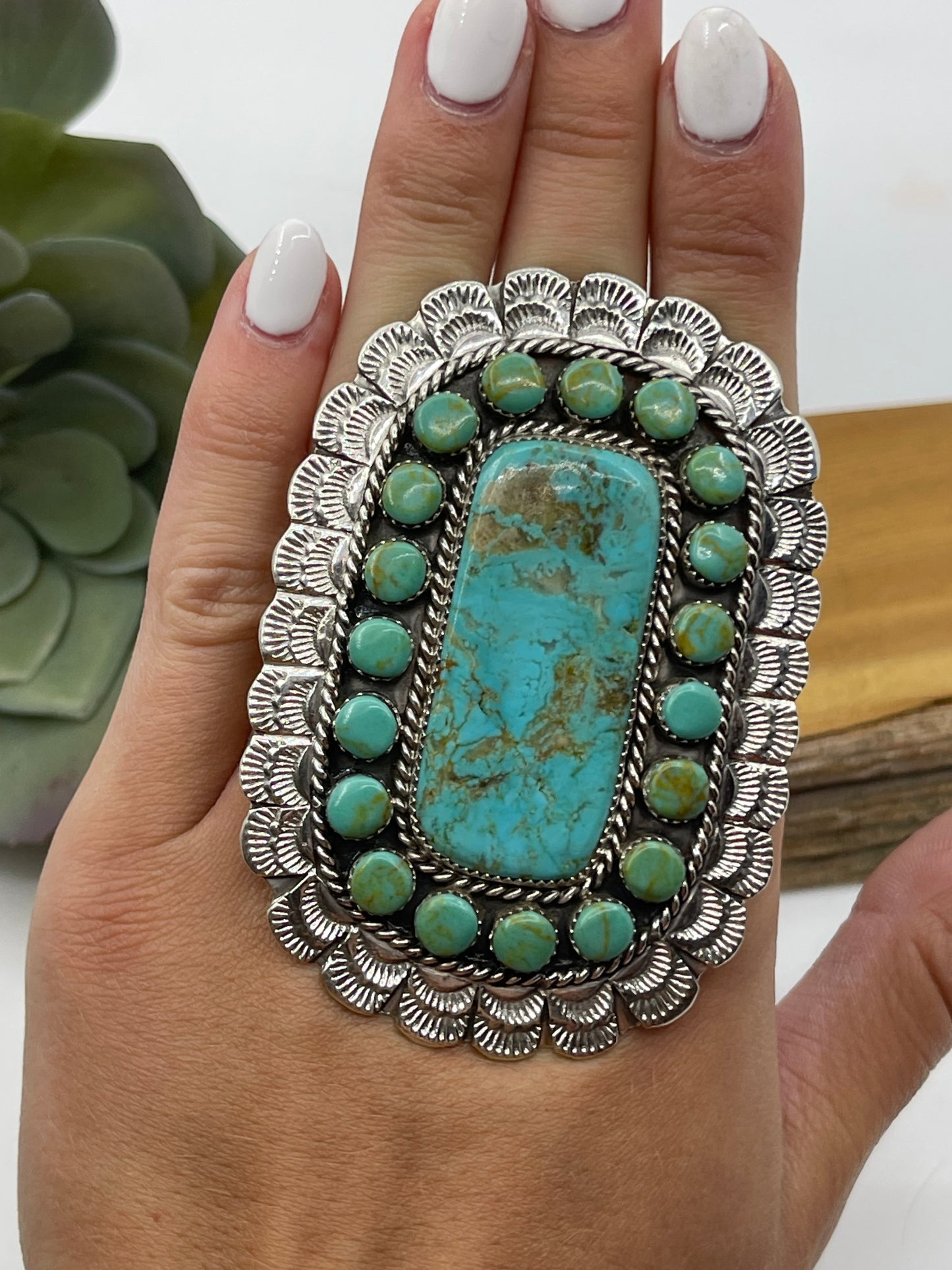 Adjustable Kingman Turquoise Cluster Ring by Larry Etsitty, Navajo