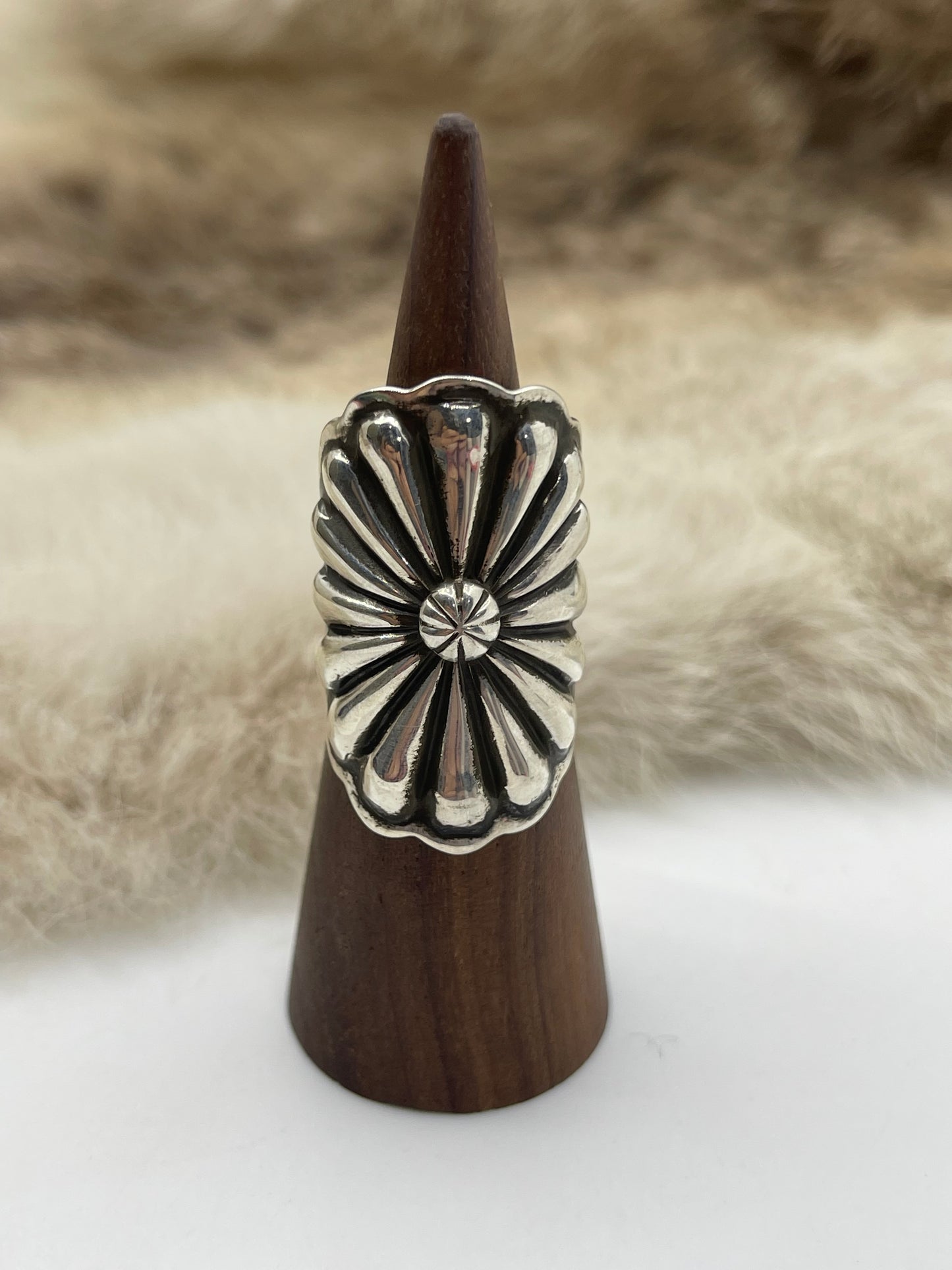 7.5 Silver Oval Concho Ring by Darnell Cadman, Navajo