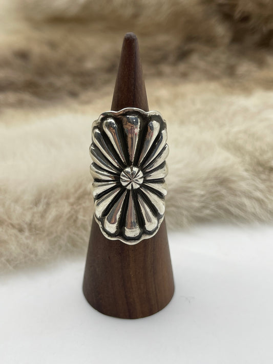 7.5 Silver Oval Concho Ring by Darnell Cadman, Navajo