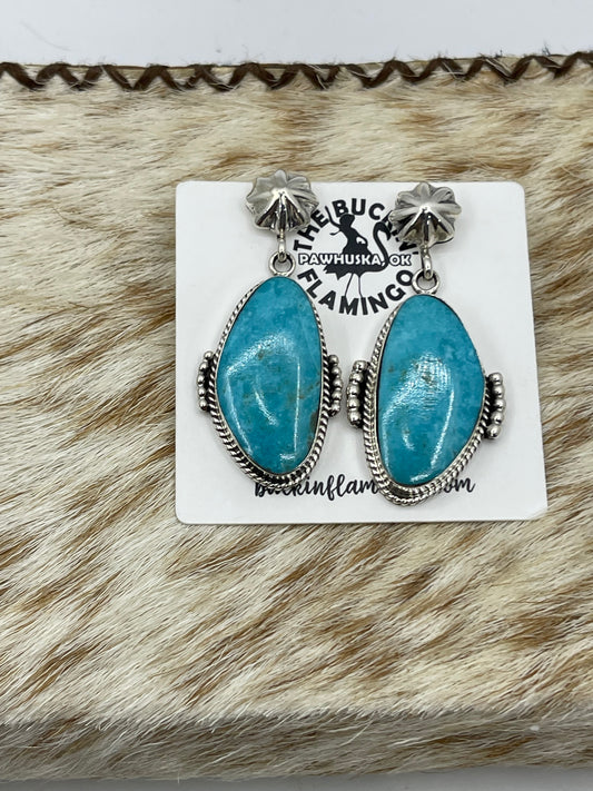 Kingman Turquoise Star Post Dangle Earrings by Raymond Yazzie, Navajo