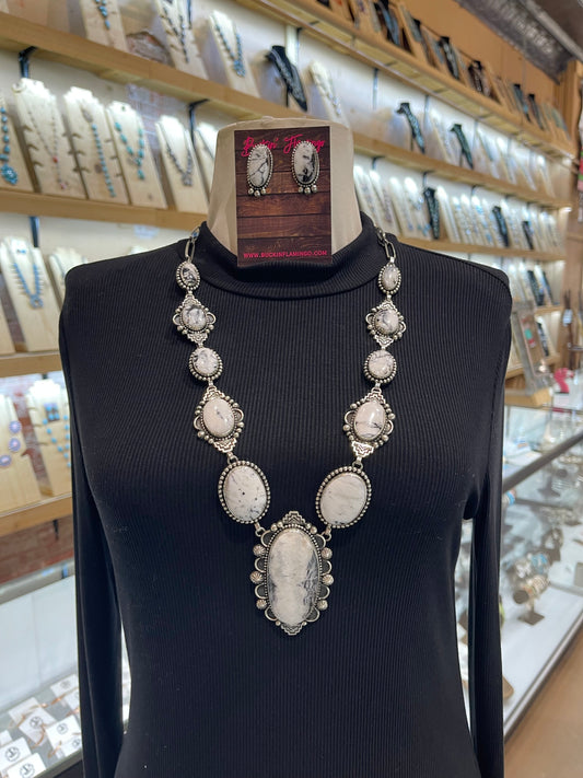 30" White Buffalo Necklace & Earring Set by Mary Ellen Pease, Navajo