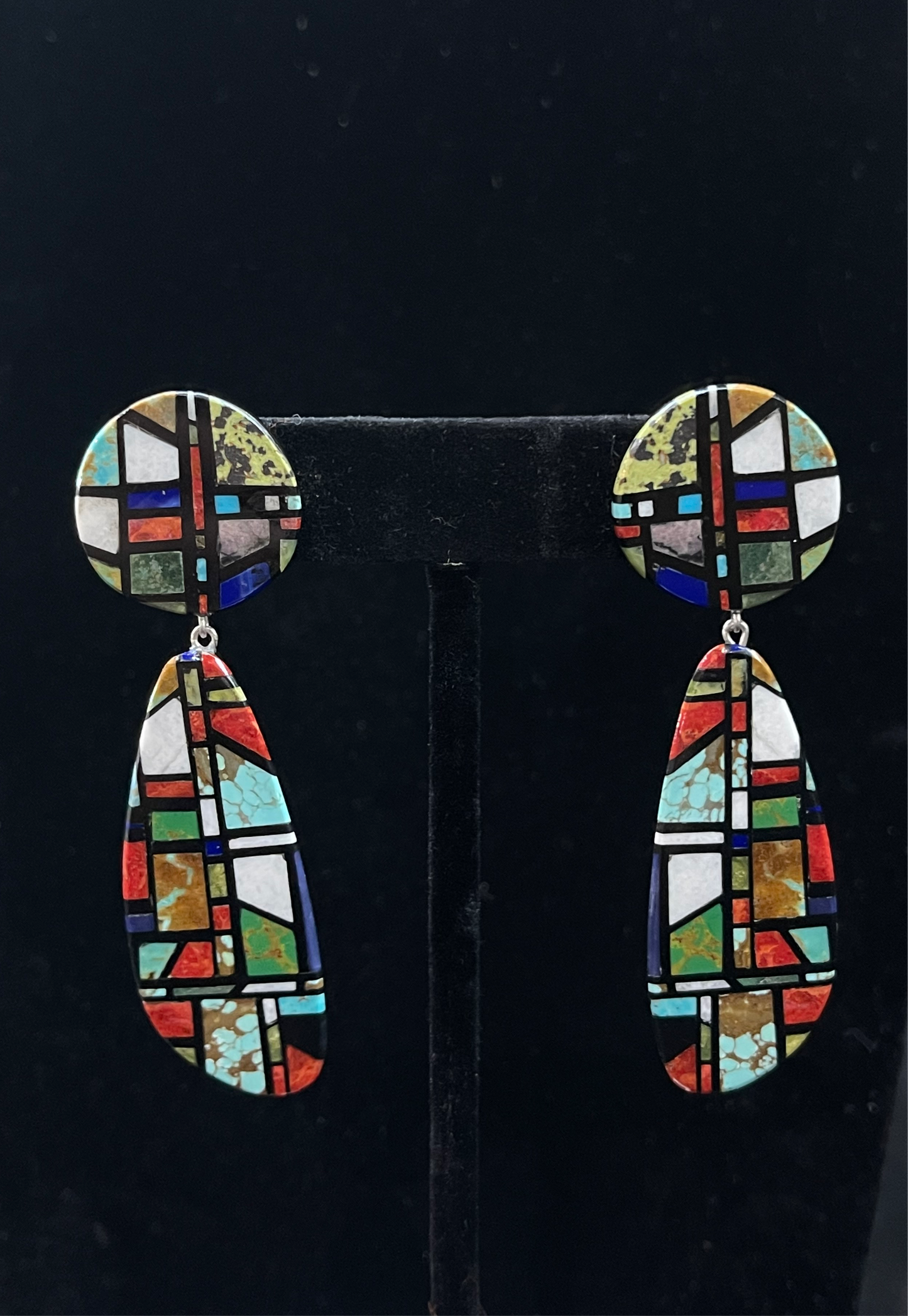 Multi Stone Inlay Post Dangle Earrings by Chris T. Nieto, Santo Domingo