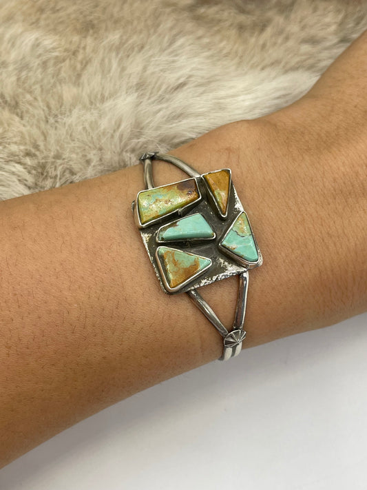 5.5”-7” Kingman Turquoise 5 Stone Square Cuff by Jude Candeleria, Zuni