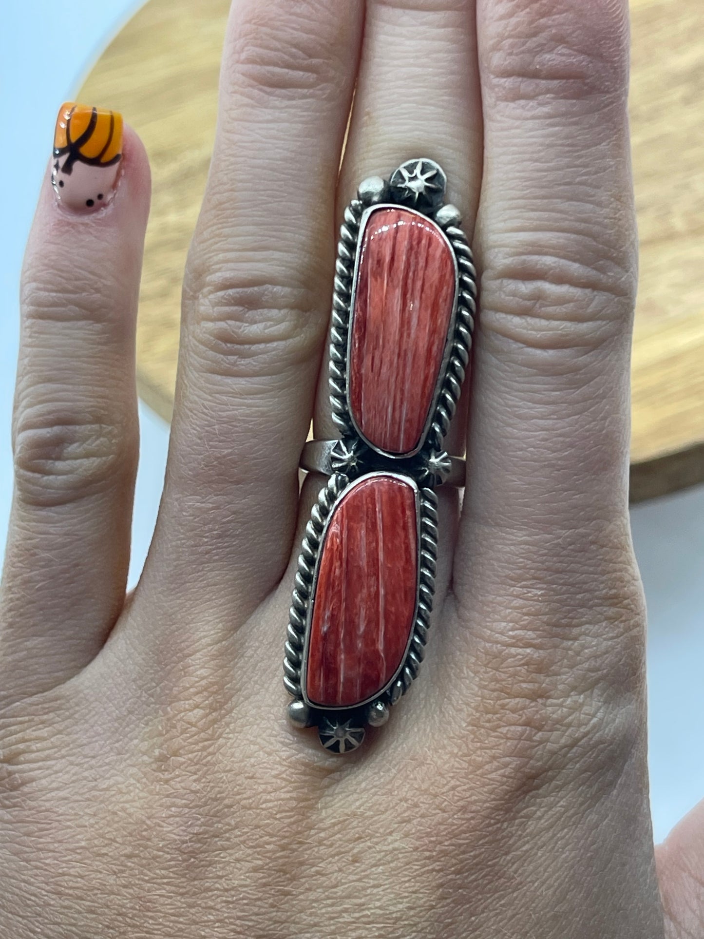 LOT 26 C 1/11 Adjustable 2 Stone Red Spiny Oyster Shell ring by Eugene Belone, Navajo