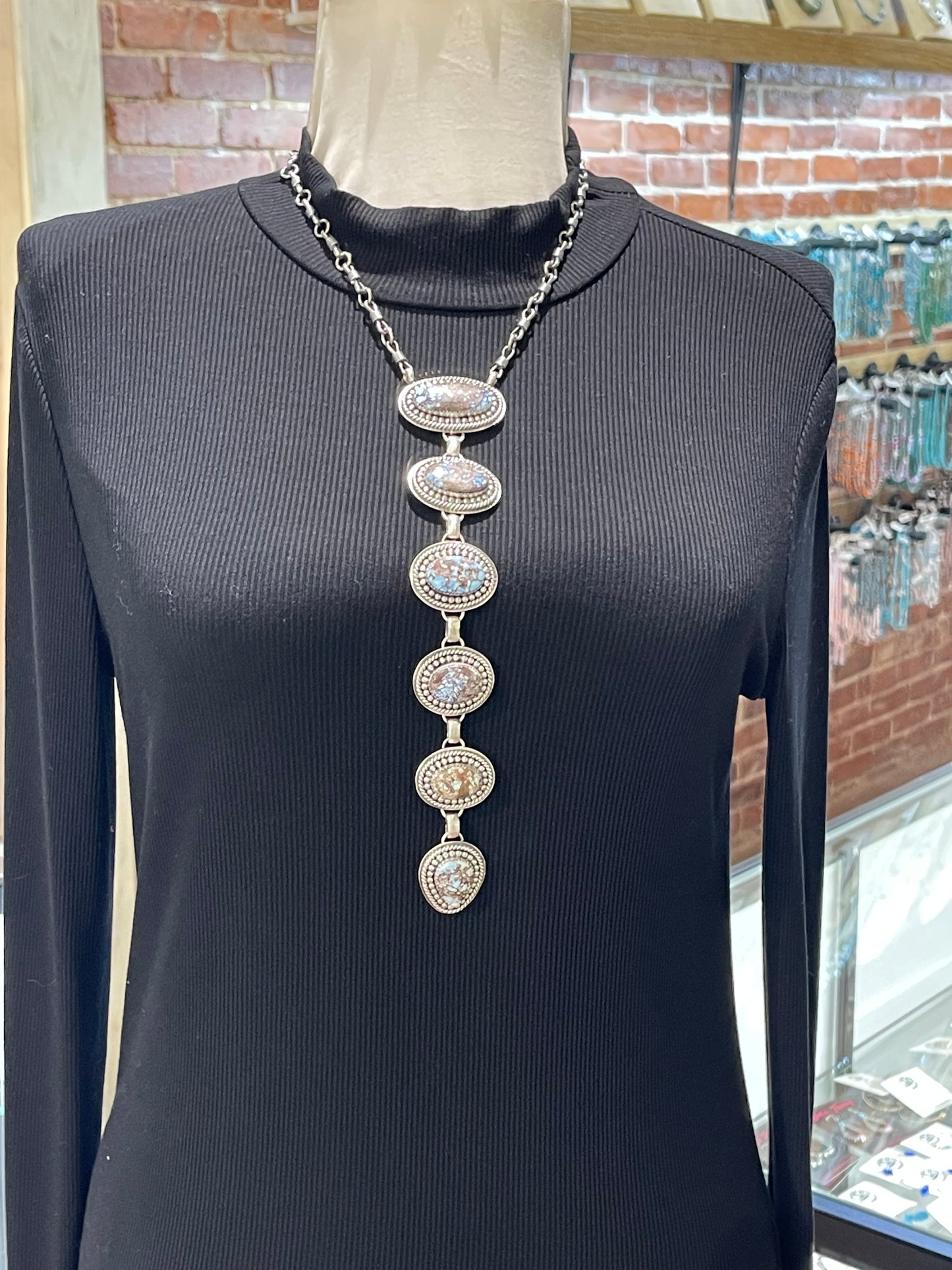 17" + 8" Drop Golden Hills Turquoise 6 Stone Drop Lariat with Rein Chain