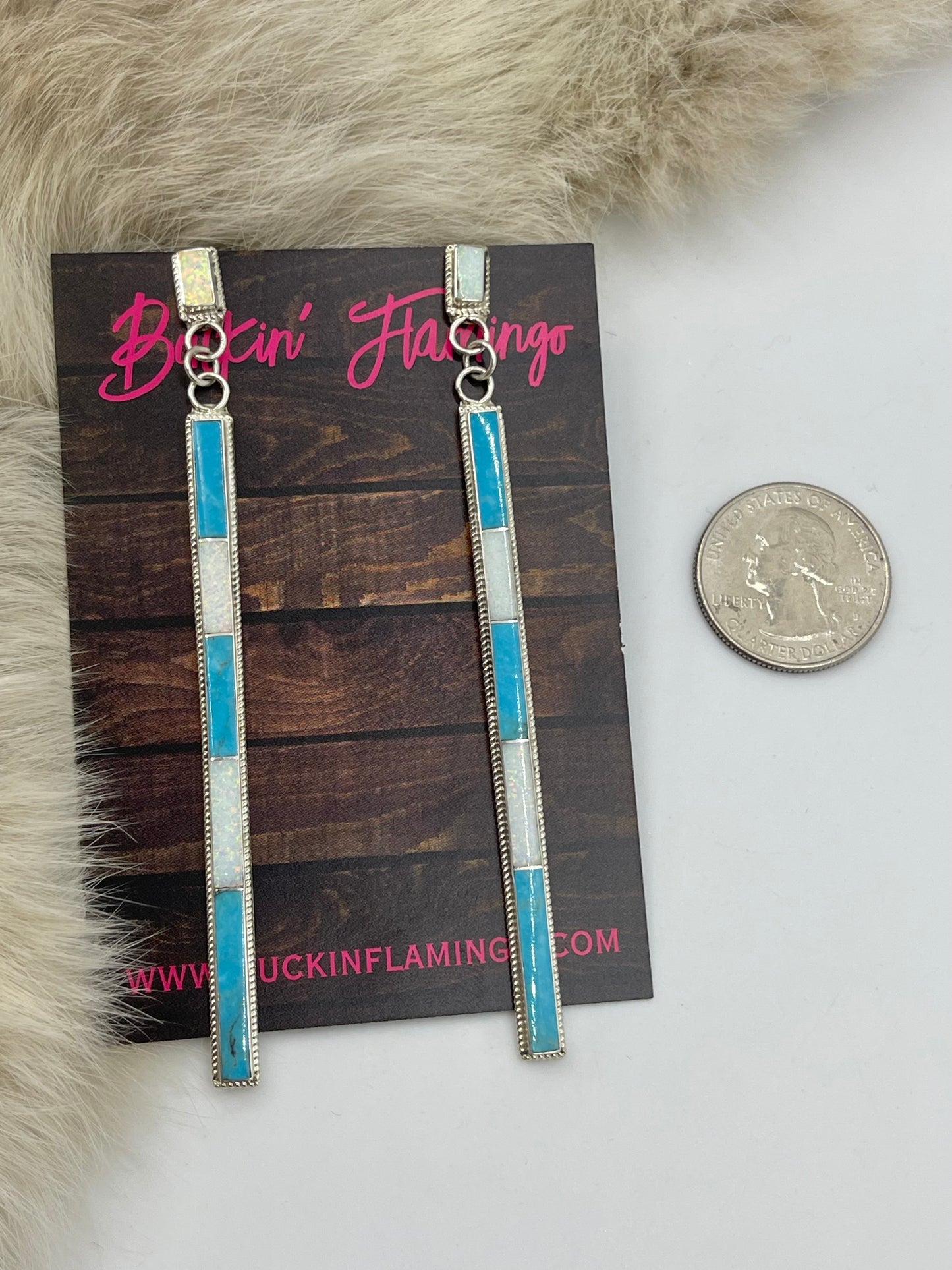 Turquoise & White Opal Long Inlay Dangle Earrings by Kayla Concho, Zuni