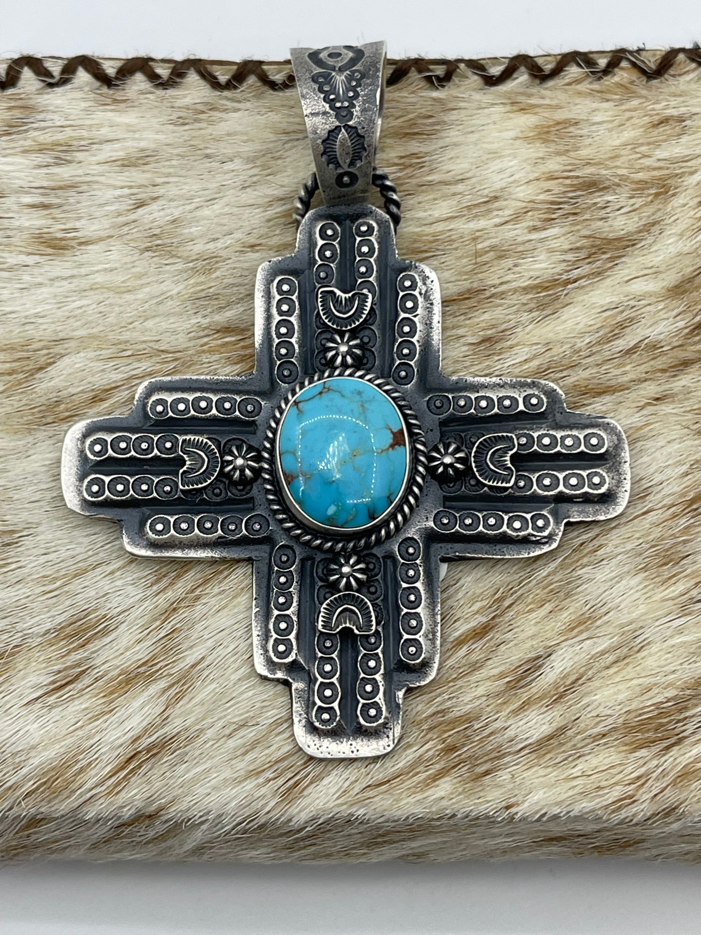 Kingman Turquoise Zia Symbol Pendant with a 17.5mm Bale by Kevin Billah, Navajo