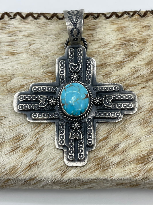 Kingman Turquoise Zia Symbol Pendant with a 17.5mm Bale by Kevin Billah, Navajo