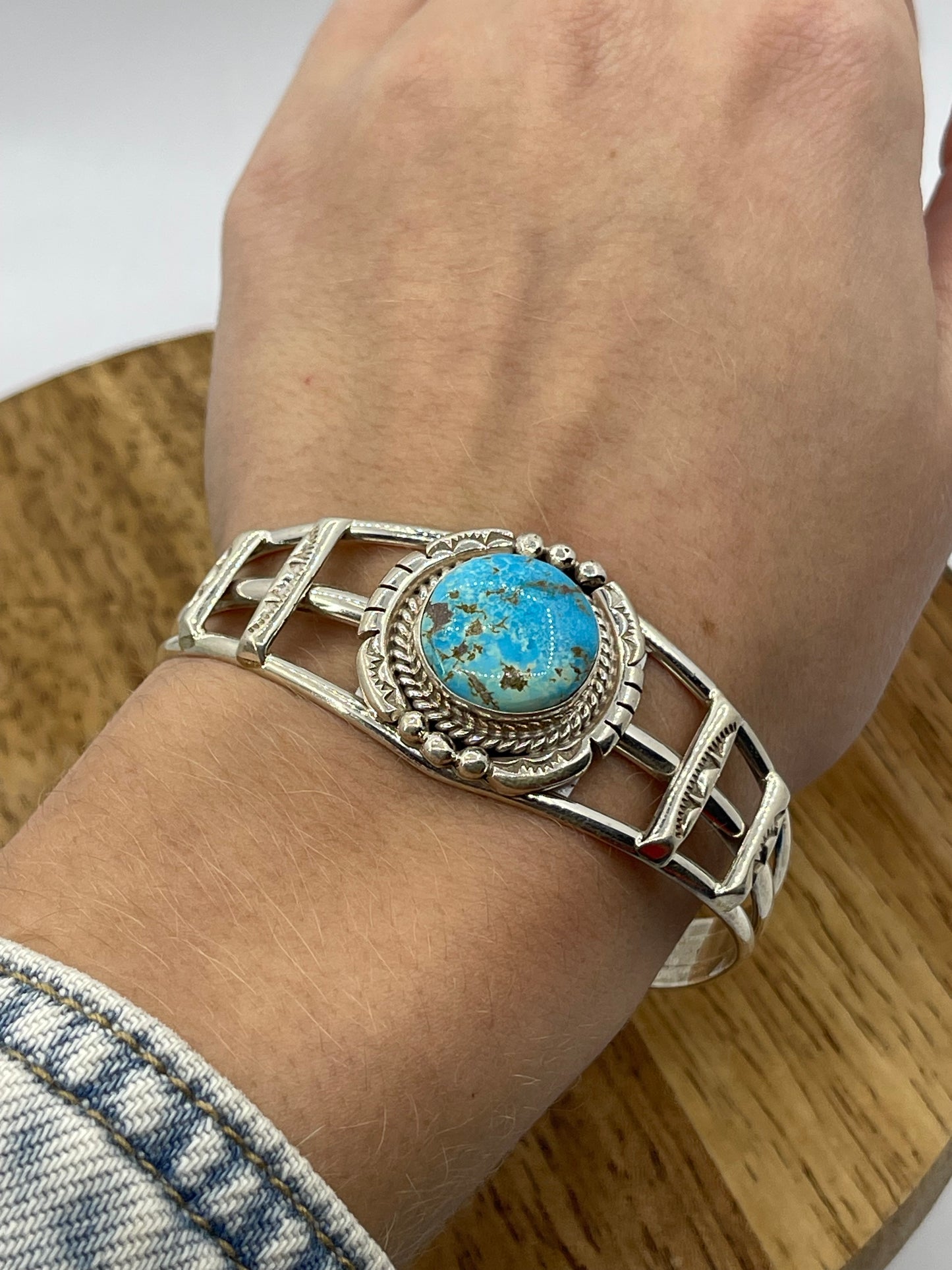 5 3/4"-7 1/4" Turquoise Circle Cuff by Allanna Yellow, Navajo