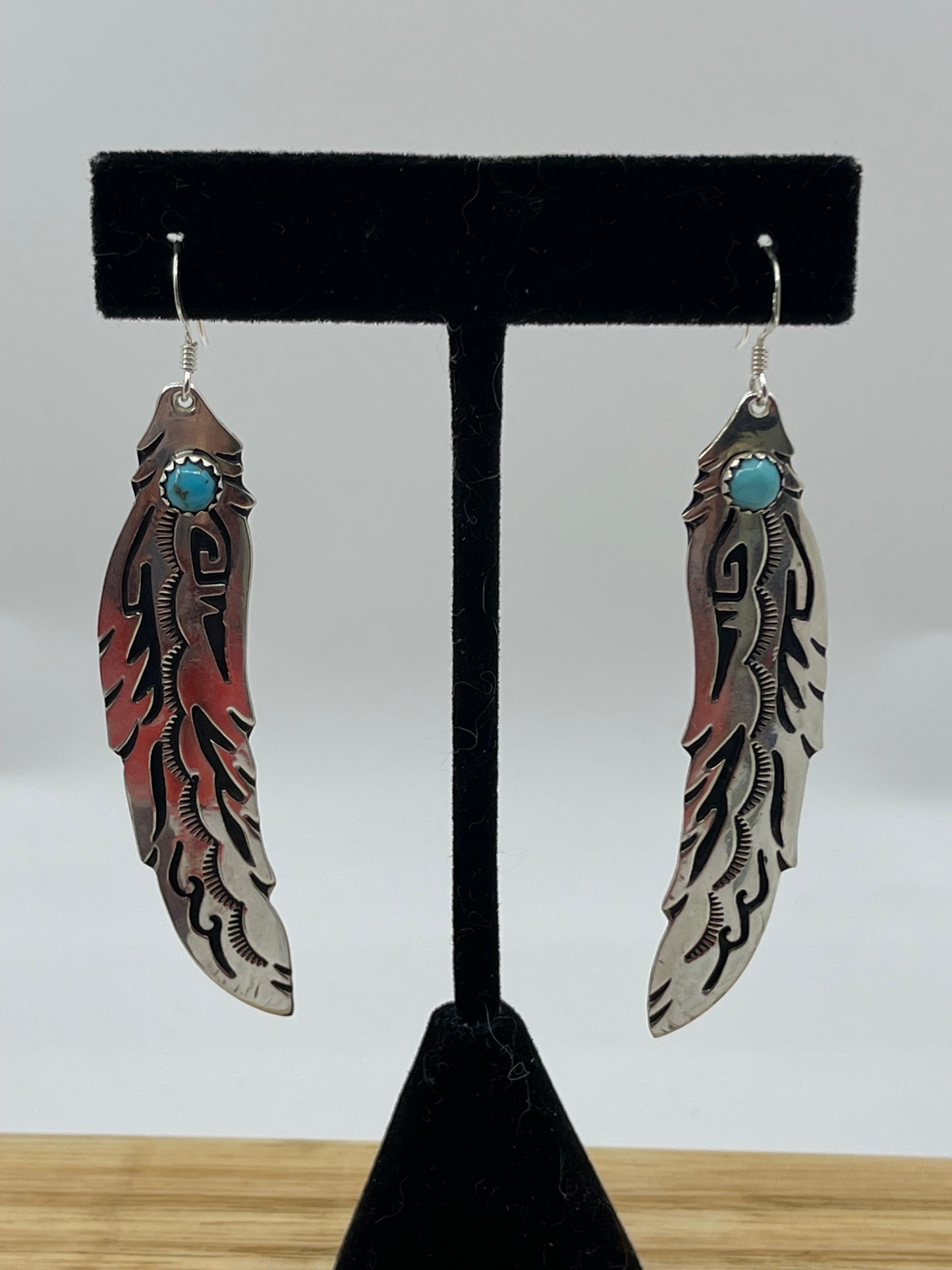 3" Turquoise Silver Overlay Feather Dangle Earrings by Tommy and Rose Singer, Navajo