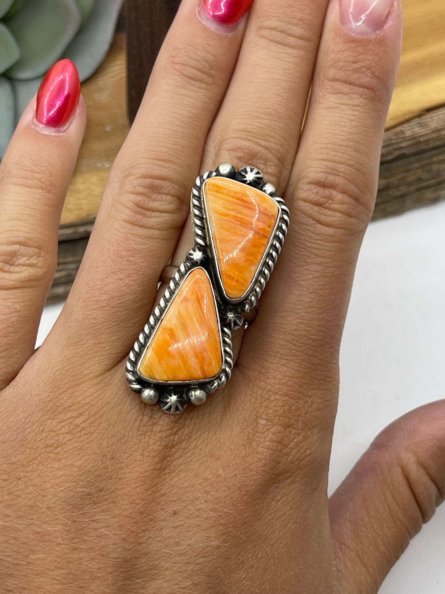 Adjustable 2 Stone Orange Spiny Oyster Shell Ring