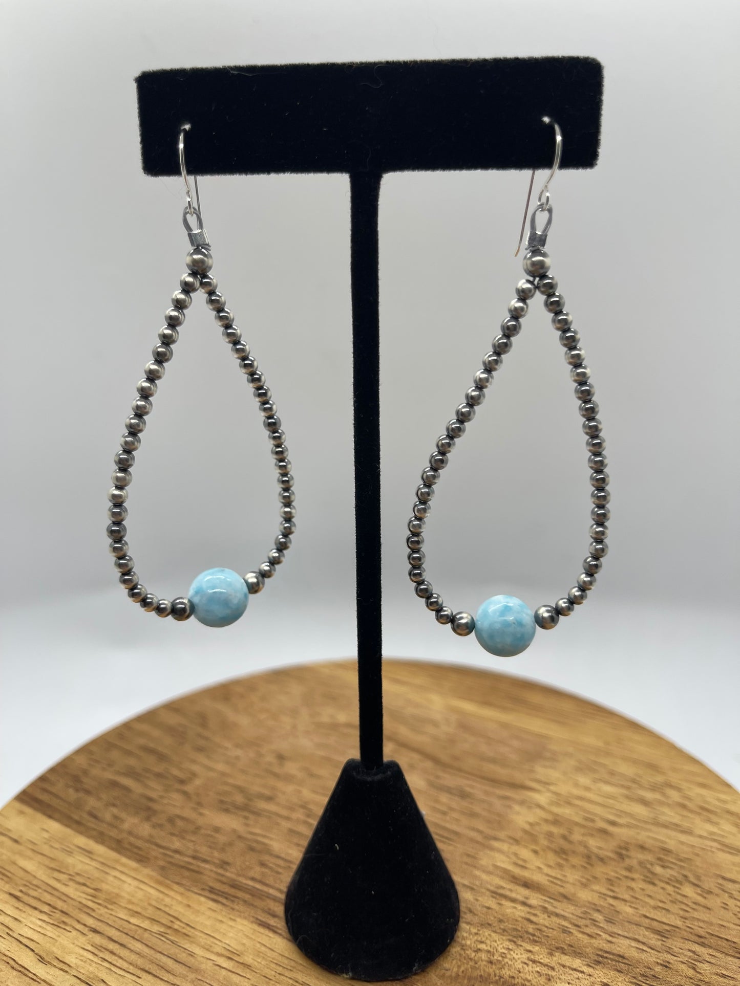 3-4mm Navajo Pearls and Larimar Teardrop Dangle Earrings