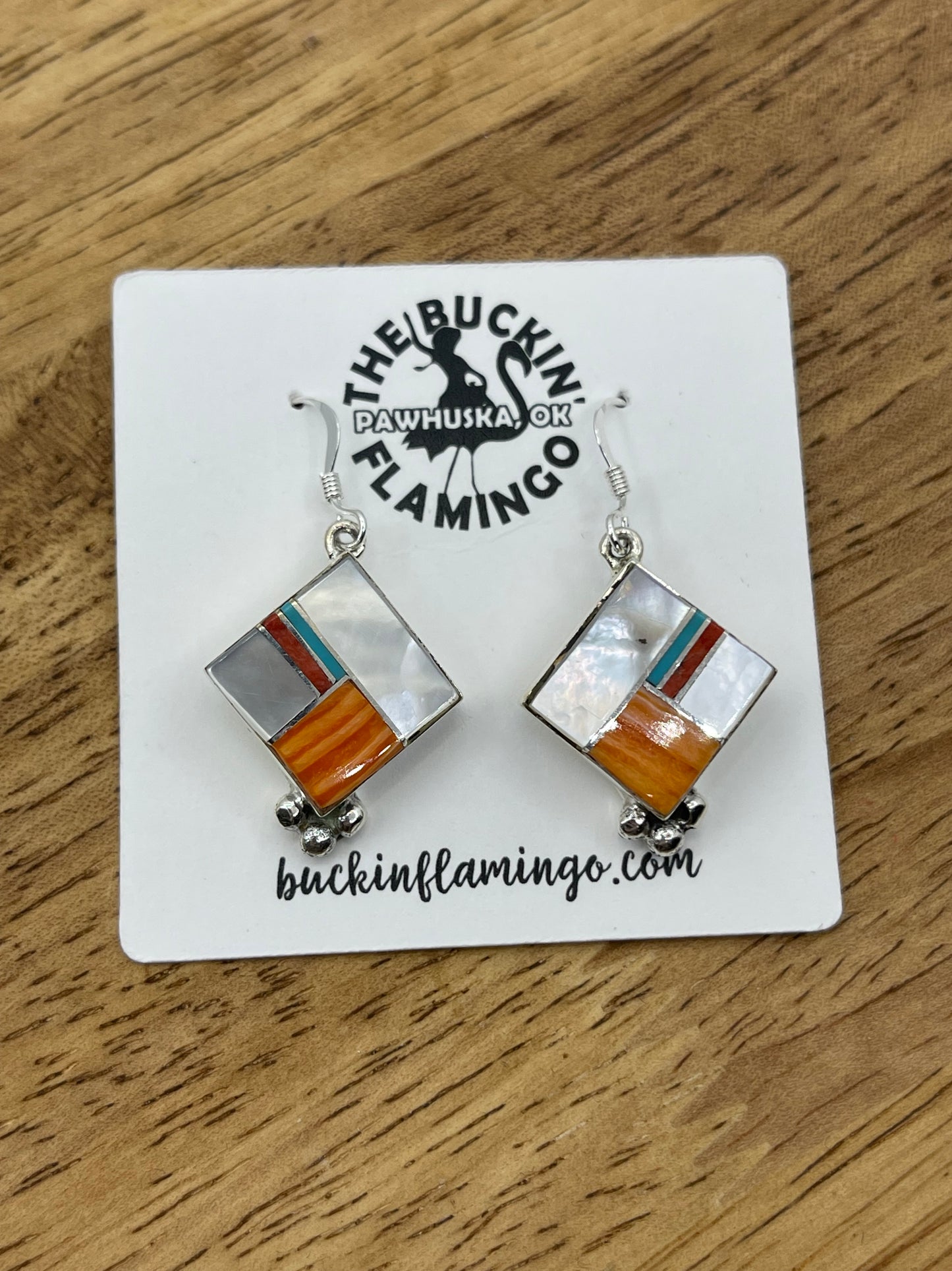 Inlay Pearl, Orange Spiny, and Turquoise Dangle Earrings by James ManyGoats, Navajo