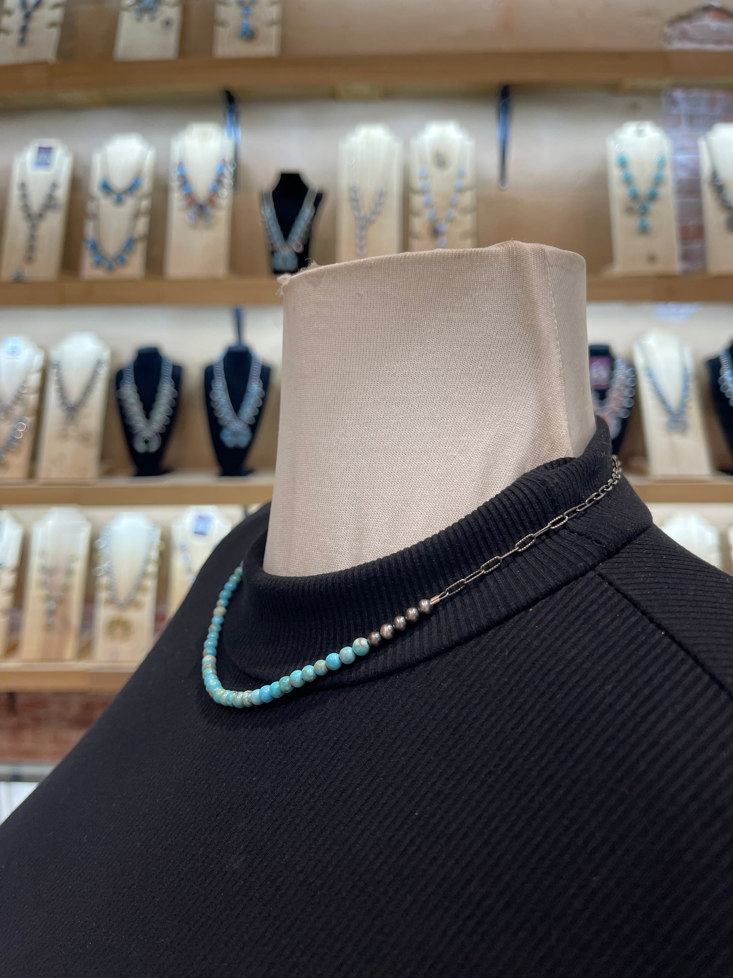 18" 4mm Navajo Style Pearls with Turquoise Beads Chain Link Necklace