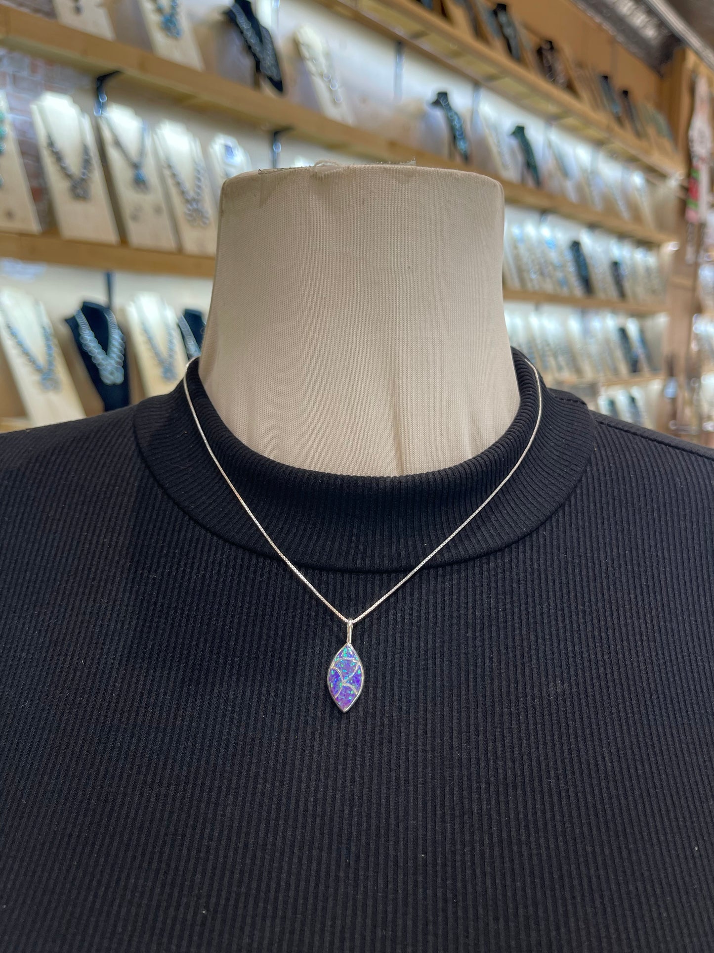 18" Chain with Cats Eye Fish Scale Opal Inlay Pendant by Delorna Lahe, Zuni