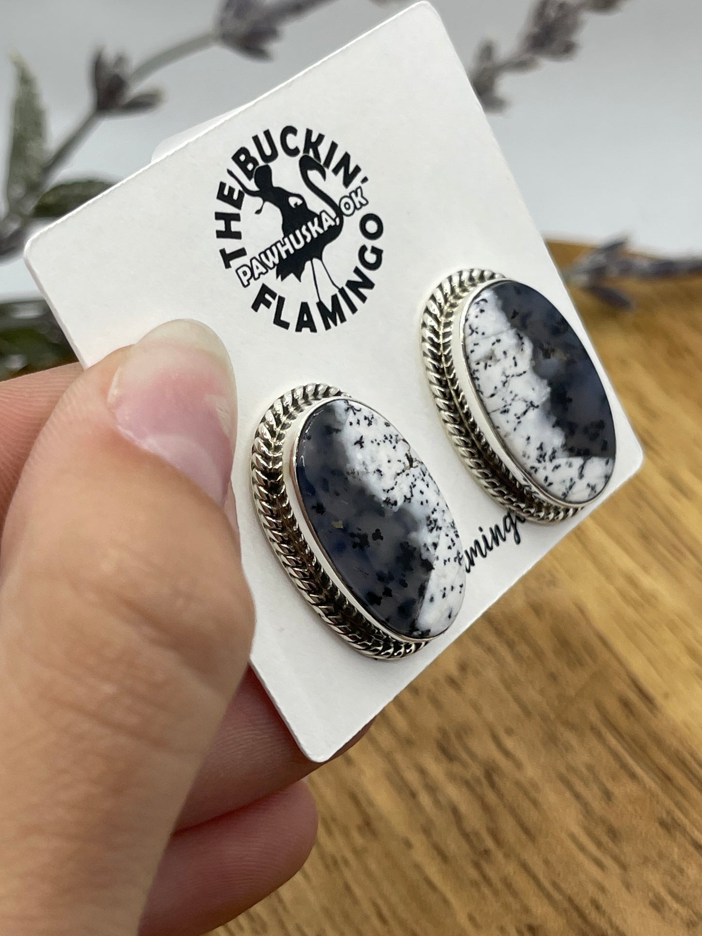Dendrite Opal Agate Oval Post Earrings, Navajo