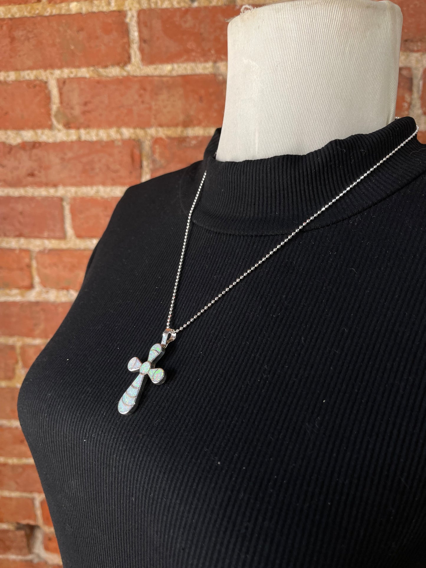 20" White Opal Fish Scale Inlay Cross Necklace Lynelle Johnson, Navajo