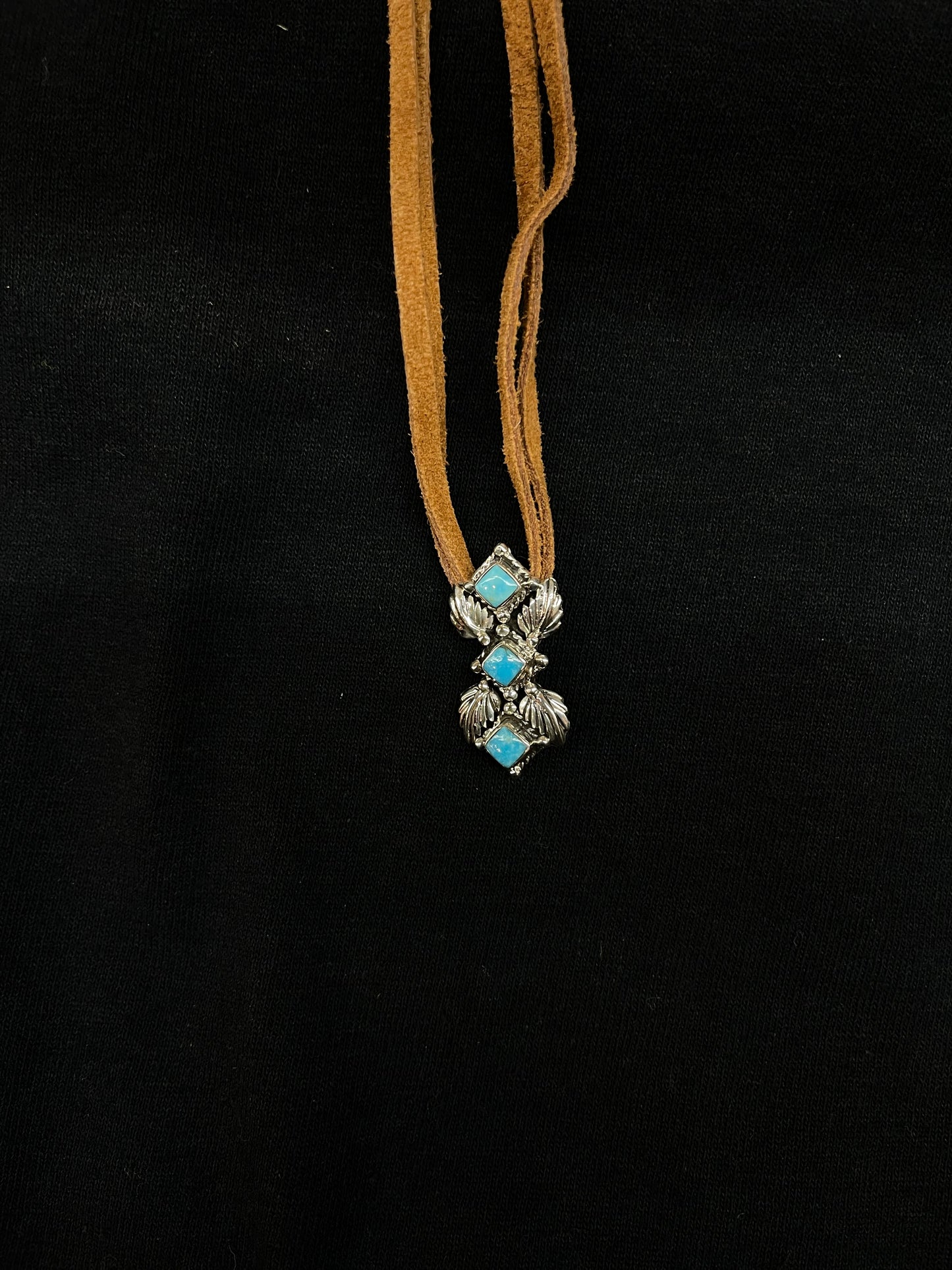 12"+3" Leather and Turquoise Necklace by Running Bear, Navajo