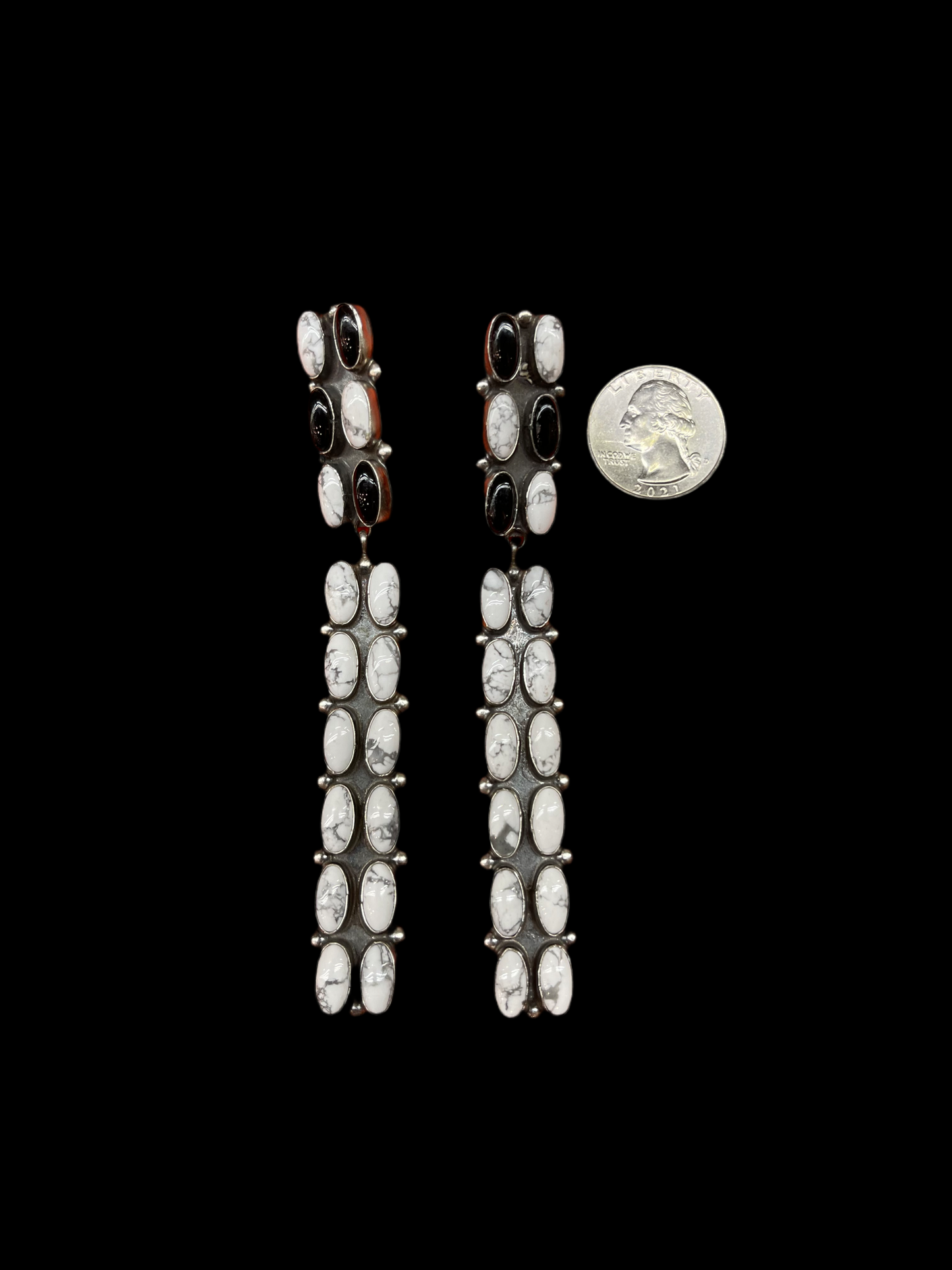 White Buffalo and Black Onyx Post Dangles by Jaqueline Silver, Navajo