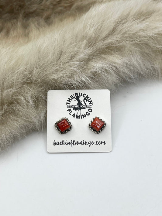 Square Spiny Oyster Post Earrings by Geneva Chayate, Zuni