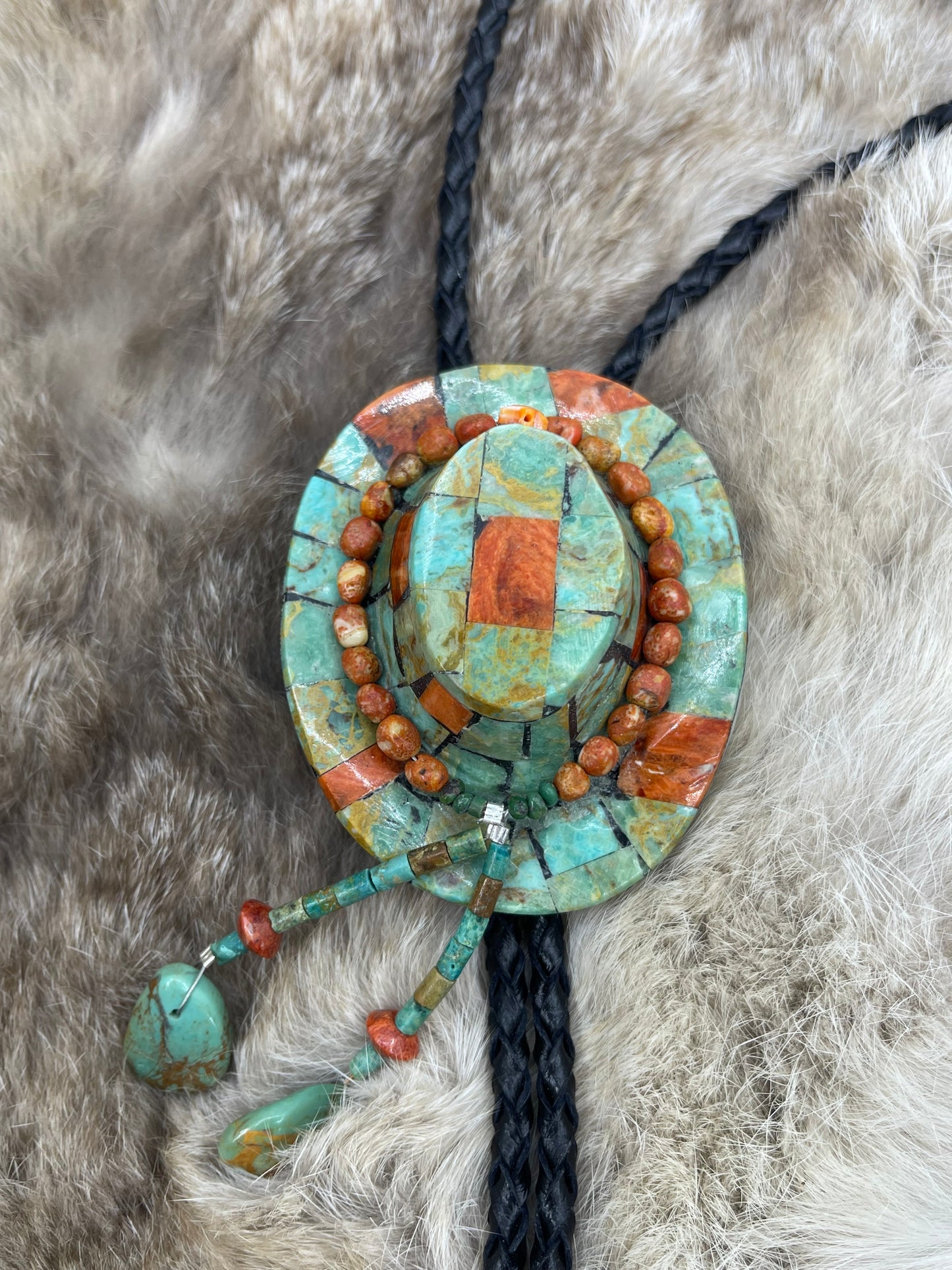 Turquoise with Orange Coral Cowboy Hat Bolo Tie by Jolene Bird, Santo Domingo
