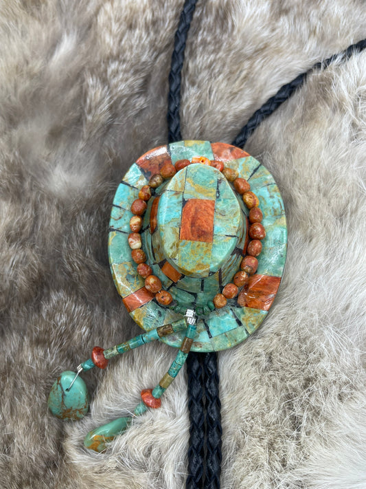 Turquoise with Orange Coral Cowboy Hat Bolo Tie by Jolene Bird, Santo Domingo