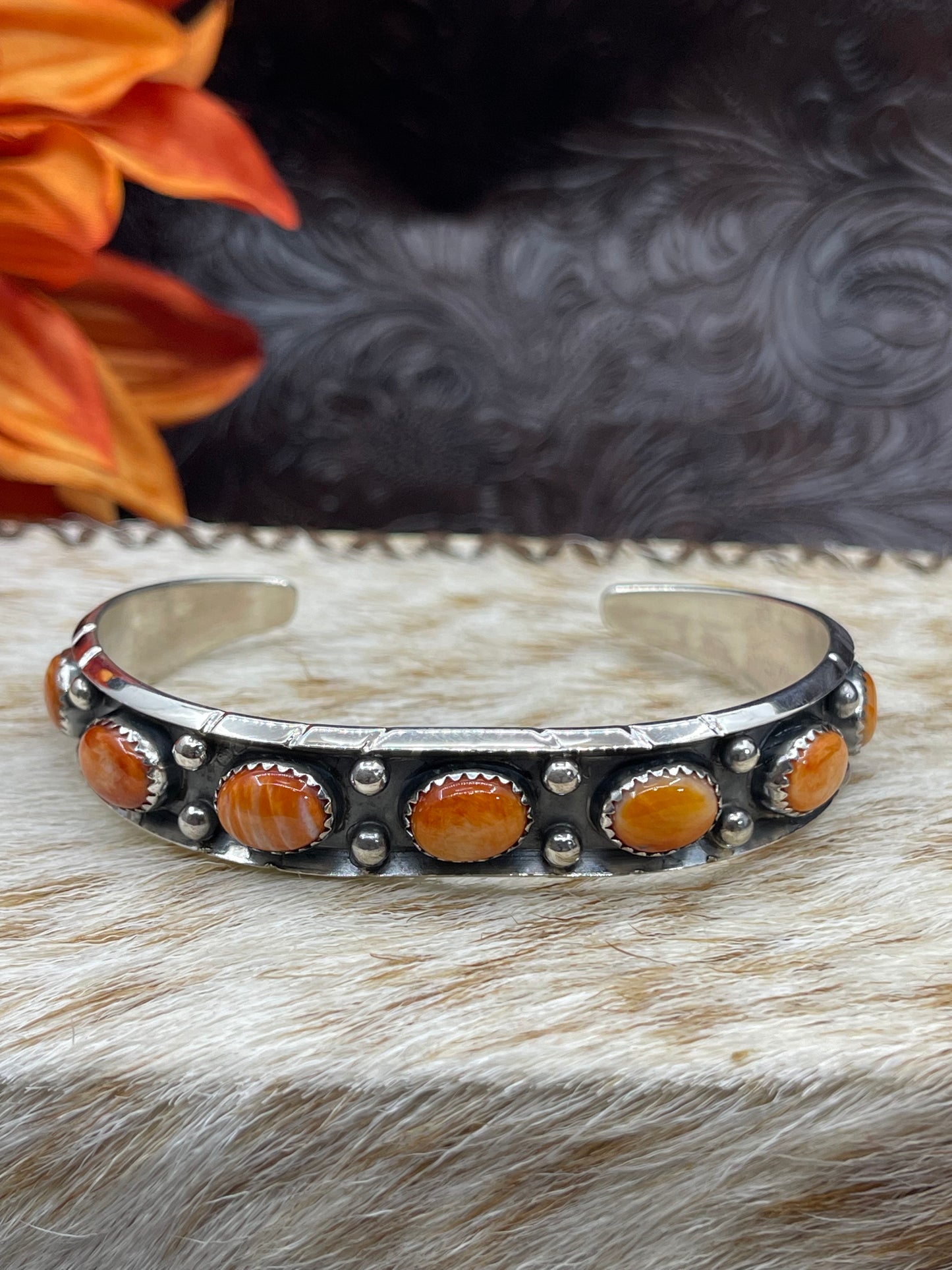 6.75" 7 Stone Orange Spiny Oyster Cuff