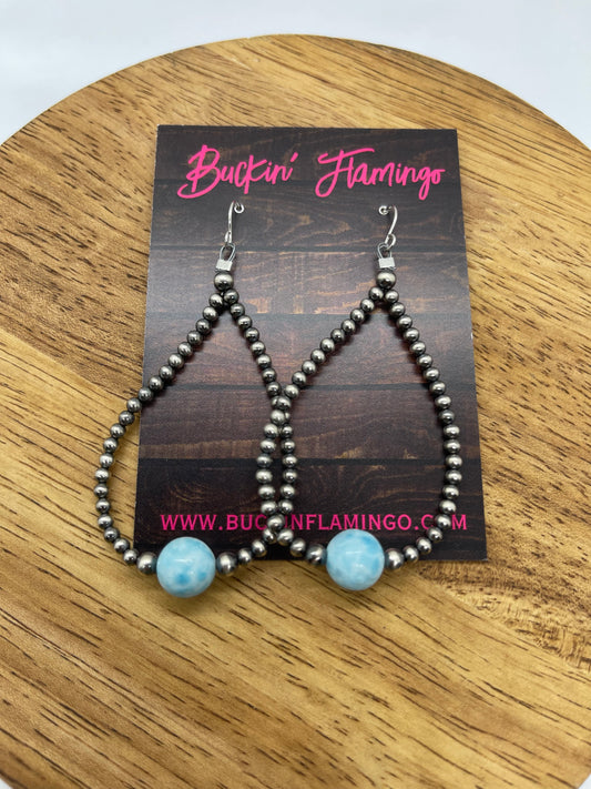 3-4mm Navajo Pearls and Larimar Teardrop Dangle Earrings