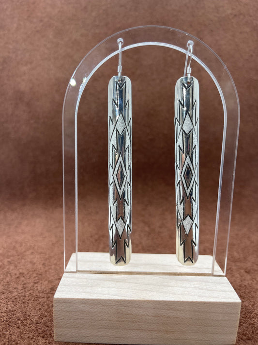 3 1/2" Stamped Silver Long Dangle Earrings by Leny Silversmith, Navajo