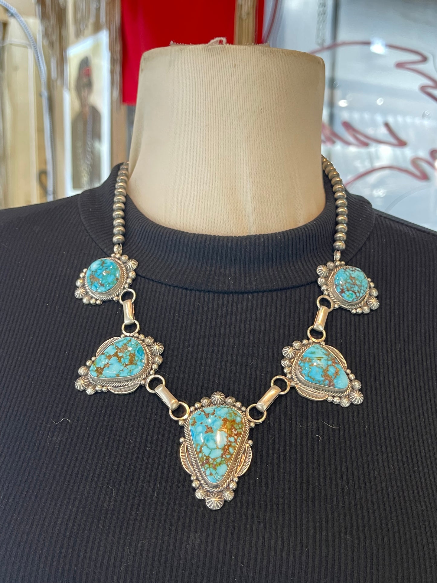 20" 5 Stone Highgrade Kingman Spiderweb Turquoise Necklace by Tom Lewis, Navajo