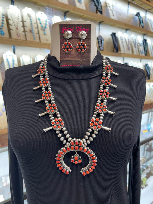 26" Red Coral Squash Blossom Necklace & Earring Set by Kathlyn Yazzie, Navajo