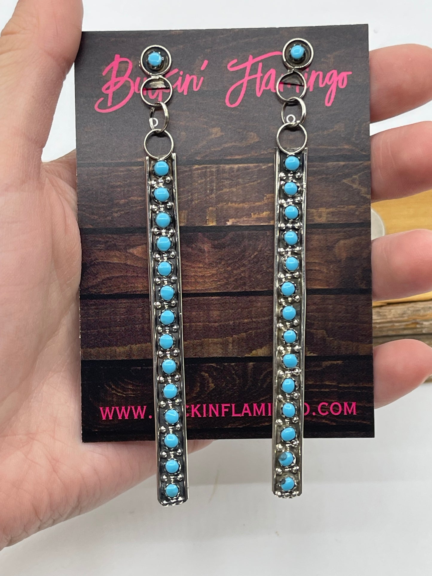 4" Turquoise Snake Eye Post Dangle Earrings by Joan Cheama, Zuni
