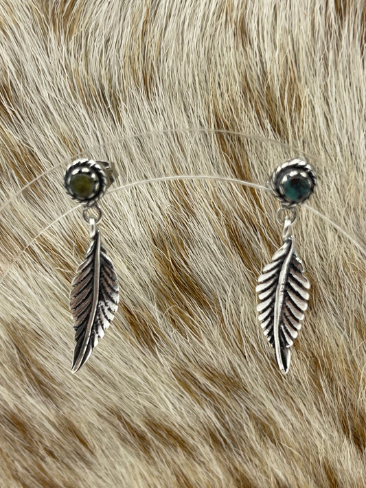 Turquoise Post Dangle Feather Earrings