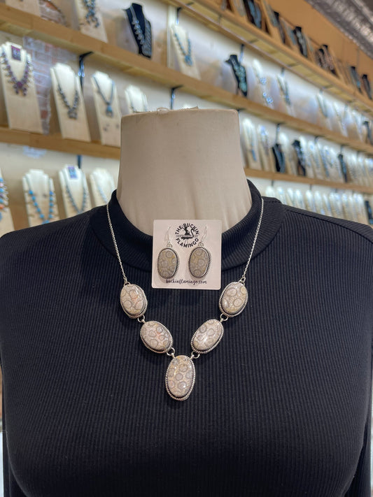 5 Stone Necklace & Earring Set Fossil Coral by Joe Begay, Navajo