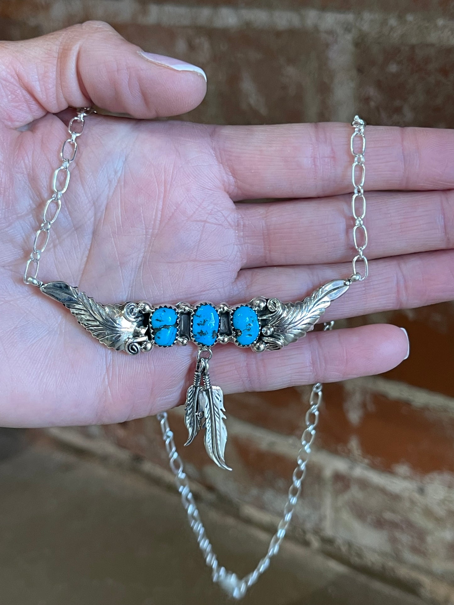 18" Feather Necklace with Kingman Turquoise by Sadie Jim, Navajo