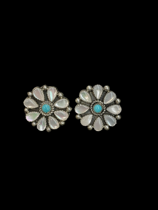 Pearl and Sleeping Beauty Turquoise Flower Post Earrings