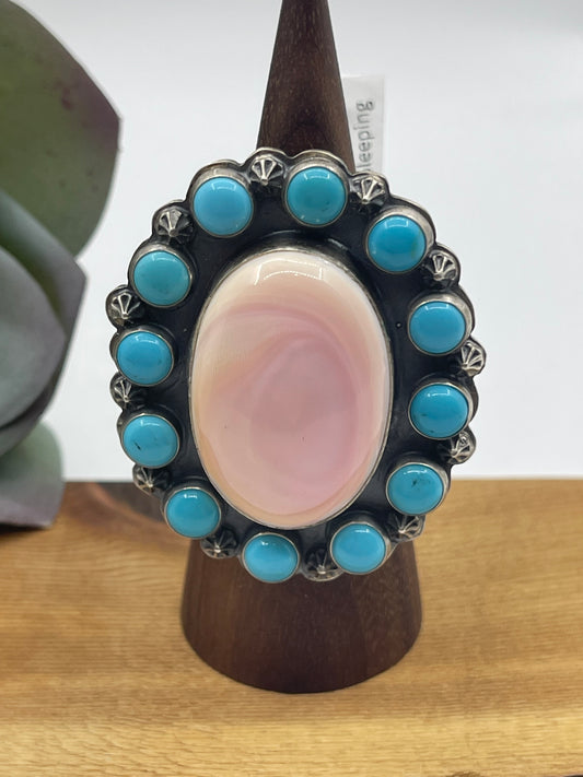 9.5 Pink Conch Shell & Sleeping Beauty Turquoise Ring by Zia