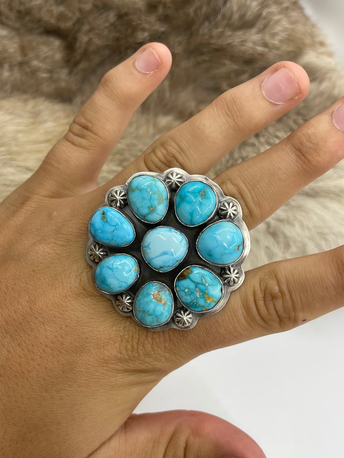 Adjustable 5.0-11.0 High Grade Kingman Turquoise Cluster Ring by Gabby Jurado, Navajo